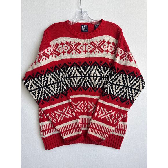 Vintage GAP Fair Isle Nordic Sweater Red Black Cream 90s Y2K hoilday large - Picture 7 of 11